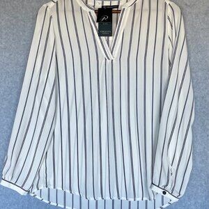 NWT  Adrianna Papell Blouse | SM | White w/Black Stripes | V-Neck | Long Sleeves